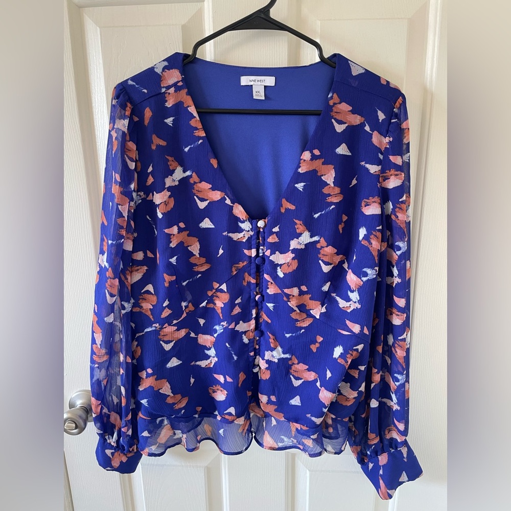 Nine West Cobalt Blue Button-Front Floral Blouse with Coral & White Accents